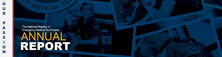 Annual report cover for the National Registry of Emergency Medical Technicians, featuring images of EMTs and a blue background.
