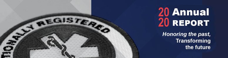 Annual report cover featuring a medical patch with "Nationally Registered" and the text "2020 Annual Report: Honoring the past, Transforming the future."