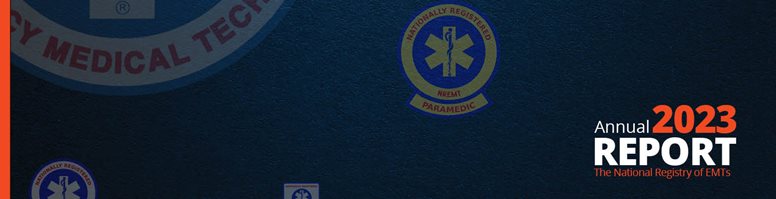 Cover of the 2023 Annual Report for the National Registry of EMTs, featuring logos and a dark background.